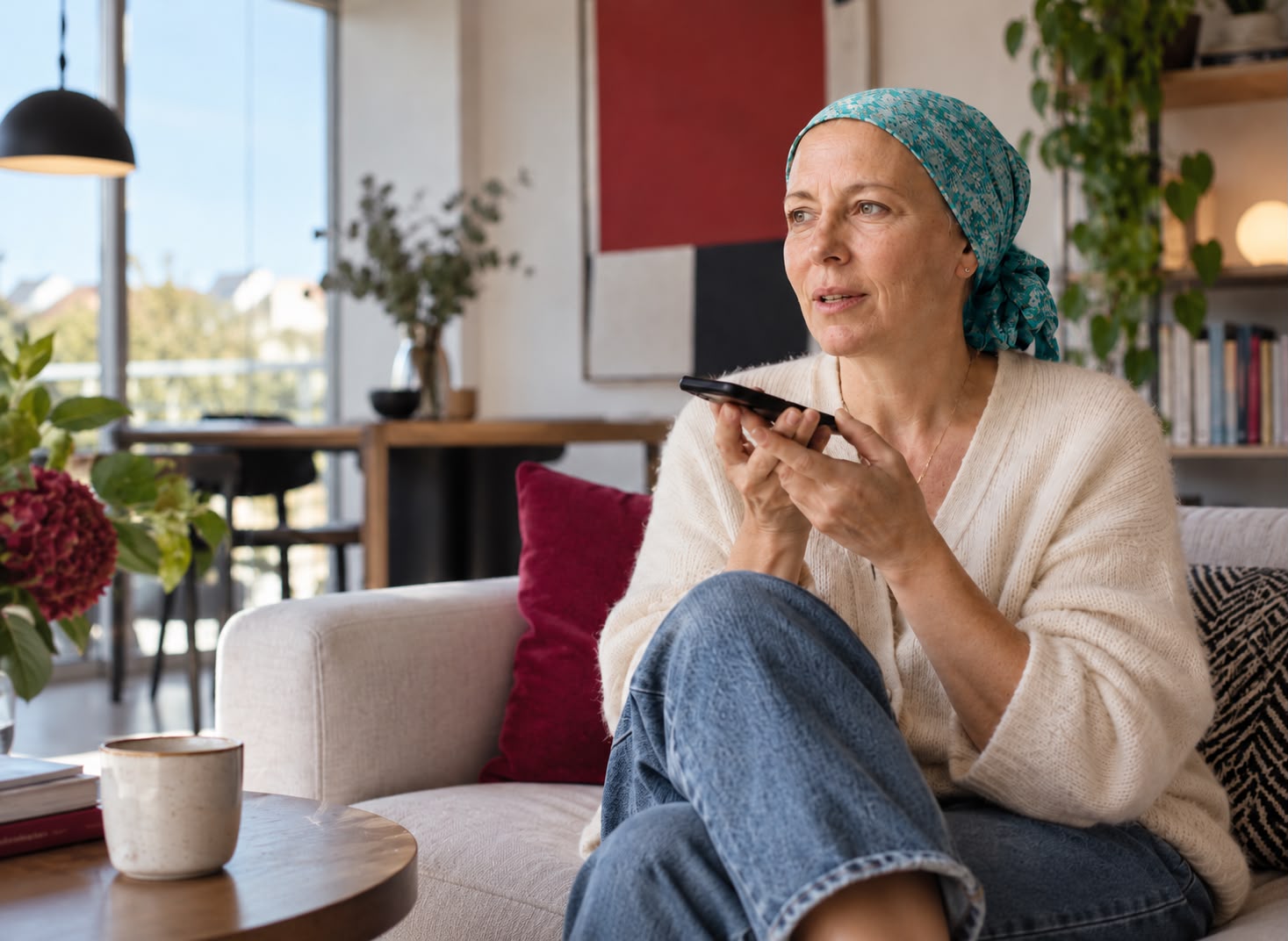 Frau auf dem Sofa am Fenster, die in ihr Smartphone spricht