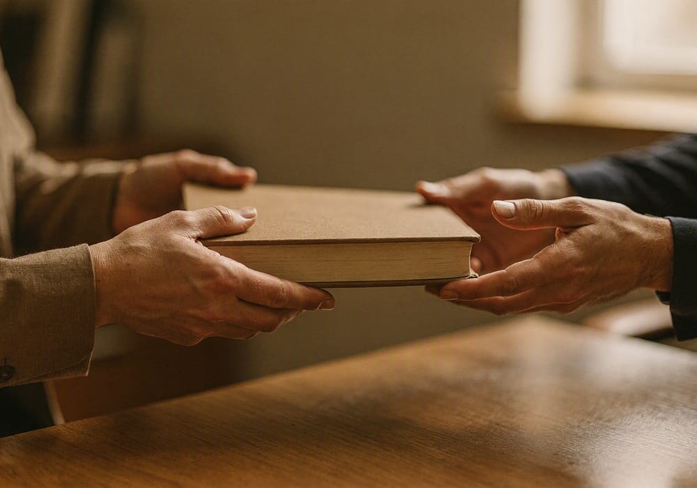 Ein gebundenes Buch wird über einen Schreibtisch hinweg übergeben